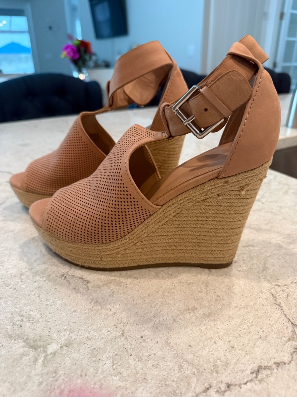 Wedge Espadrille Sandals - Tan Pink Ankle Strap
